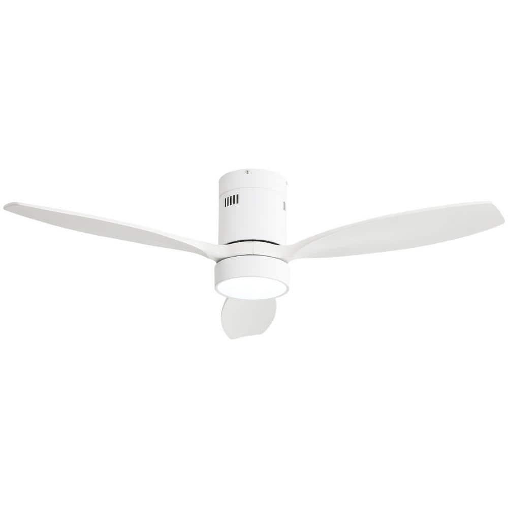 Sofucor 52 inch Wood Low Profile White Ceiling Fans with Lights and Remote, Modern Flush Mount Quiet Ceiling Fan for Bedroom, Reversible DC Moto