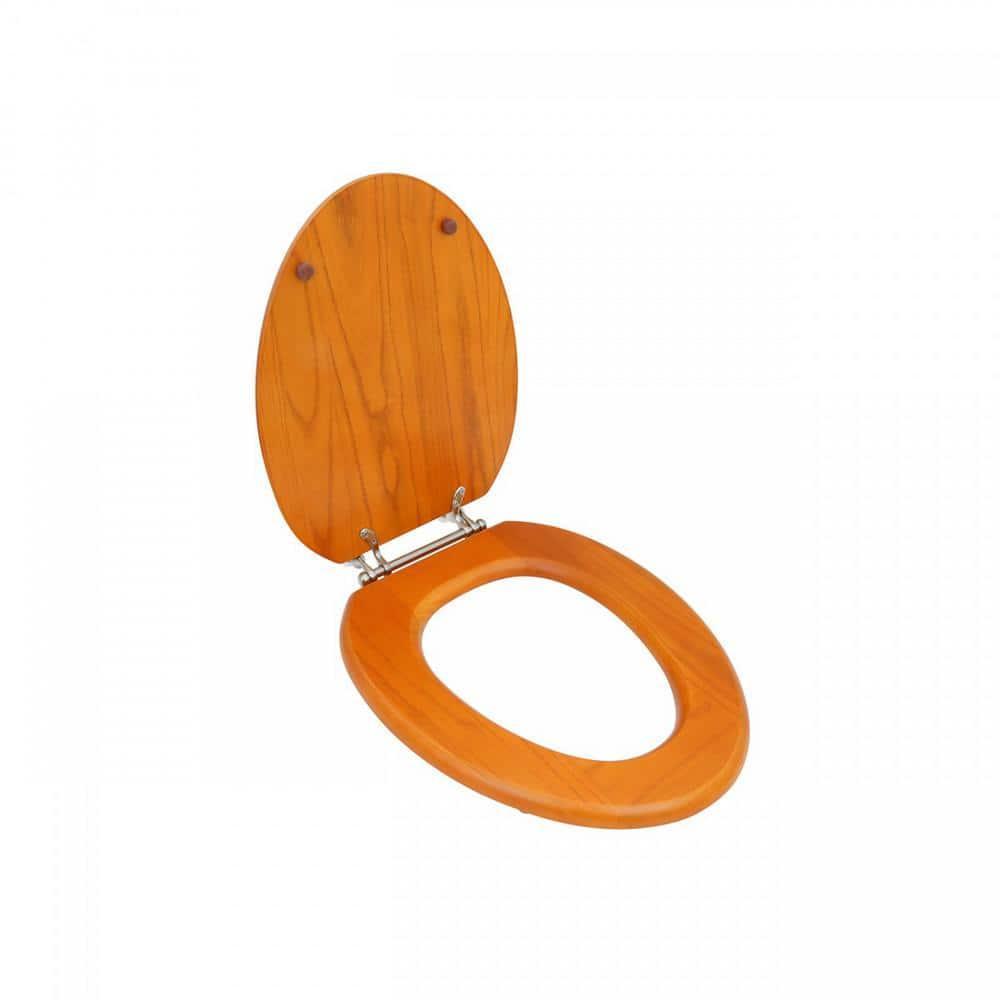 Golden Oak Elongated Wooden Toilet Seat with Chrome Hinges