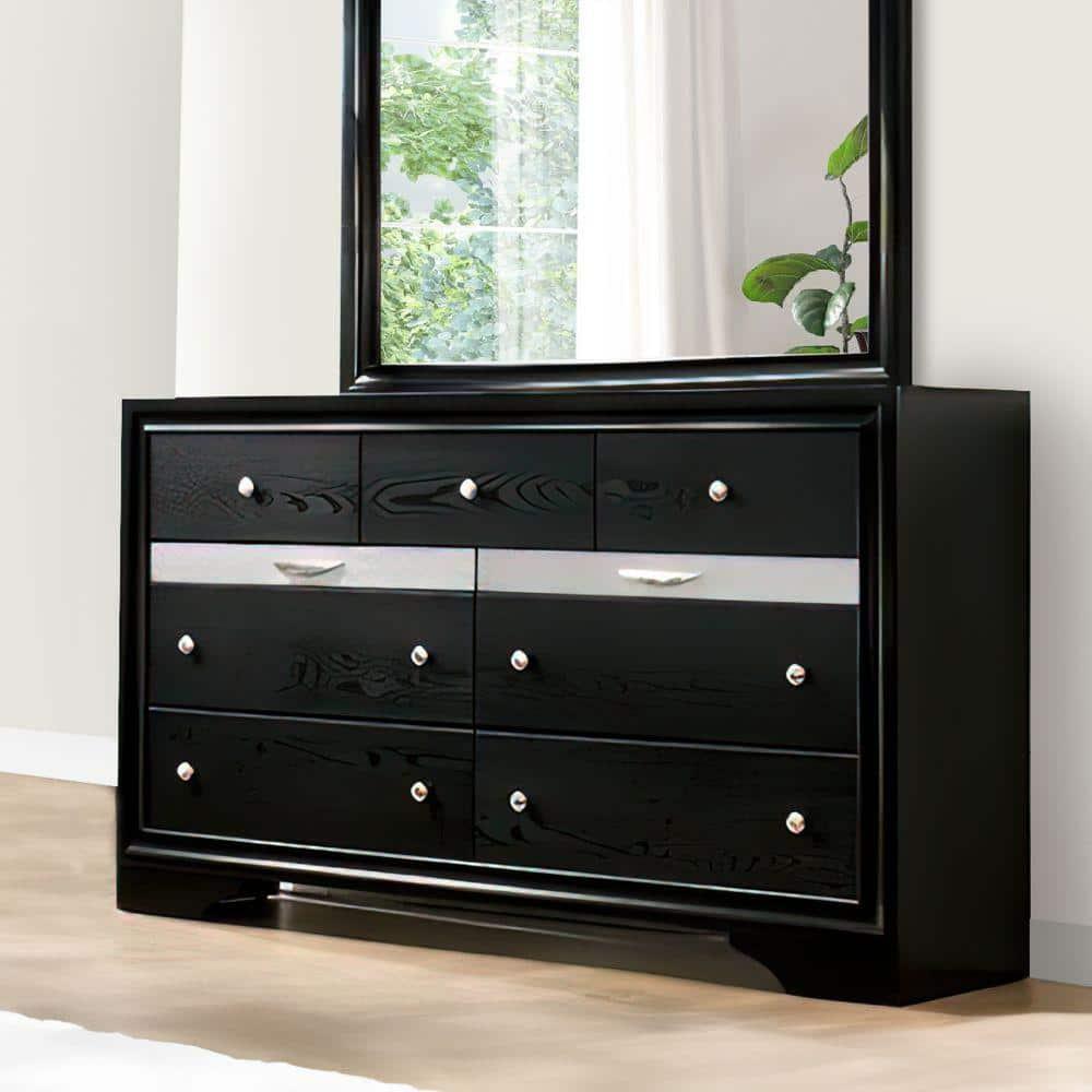 Dresser with Silver Trim Accent and 2 Jewelry Drawer, Black