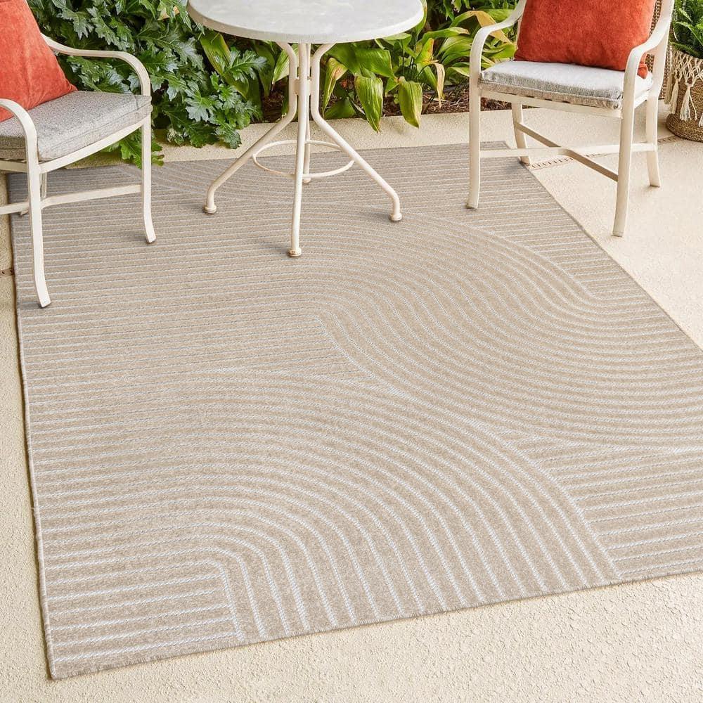 JONATHAN Y Hallie High-Low Minimalist Curve Geometric Beige/Cream 4 ft. x 6 ft. Indoor/Outdoor Area Rug