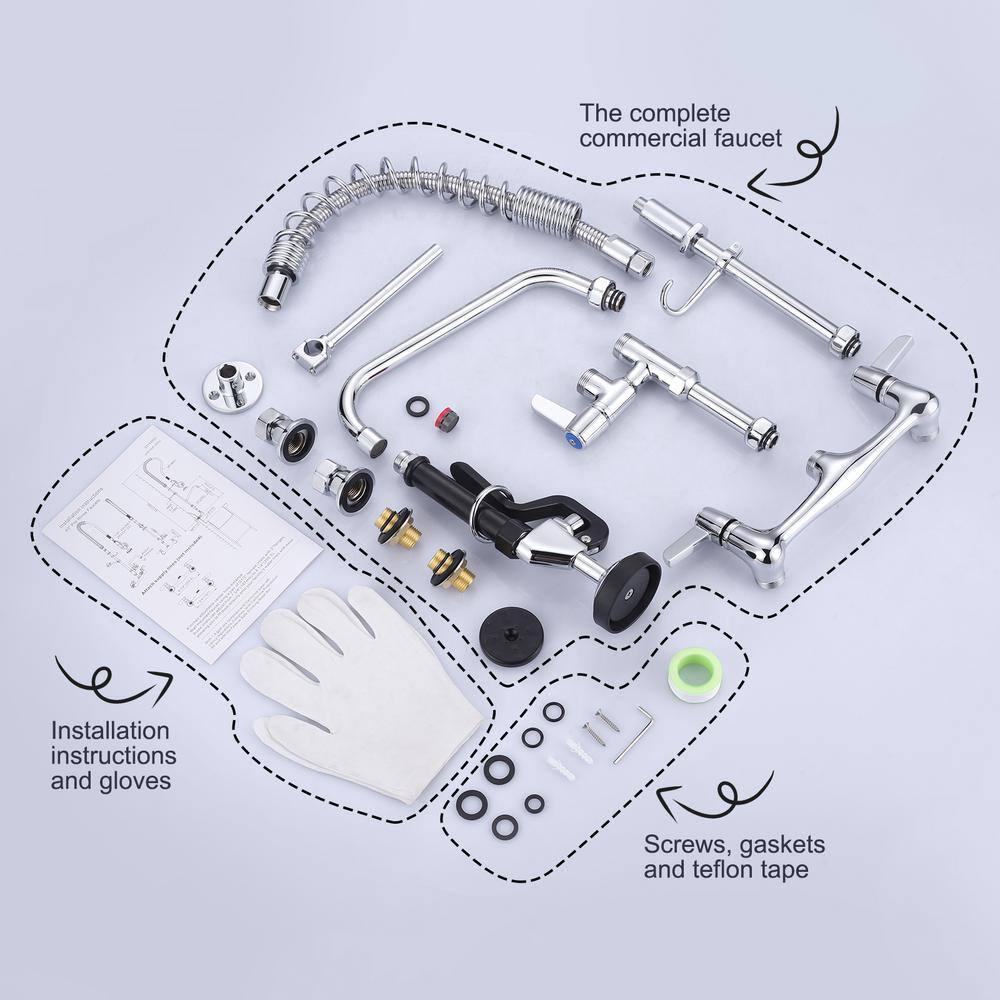 Commercial Kitchen Sink Faucet with Pull Down Sprayer, Pre-Rinse Wall Mount Faucet Chrome Commercial Kitchen Faucets with Sprayer 25" Height Water Faucets with 9.6" Add-on Swing Spout for Restaurant