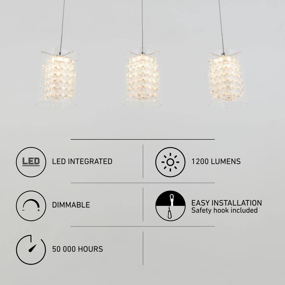Crystal Cube 13-Watt 3 Light Chrome Modern Integrated LED Pendant Light Fixture for Dining Room or Kitchen