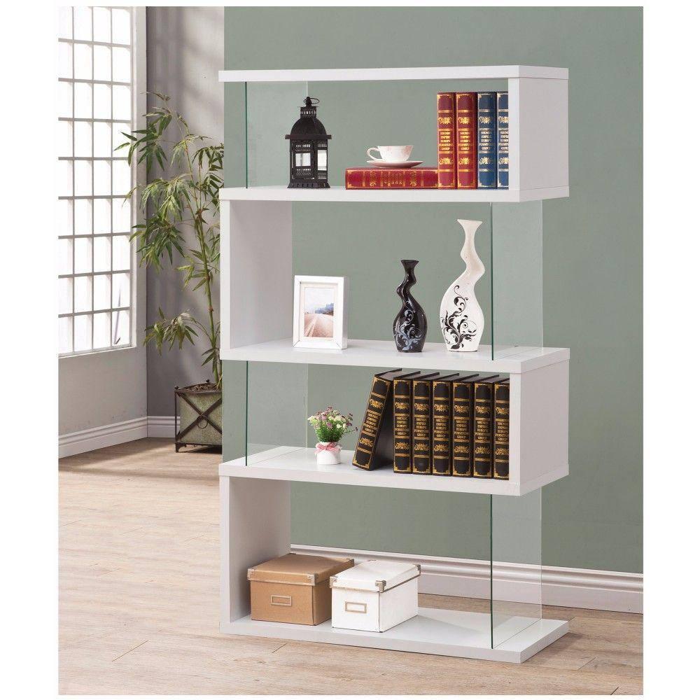 Benzara 3-Shelf Wood Bookcase with Tempered Glass Sides in Glossy White