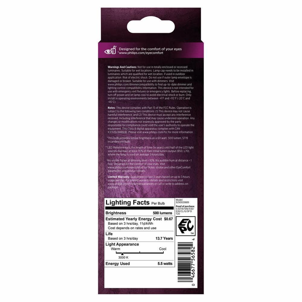 Philips LED 60-Watt ST19 Straight Tubular Filament Lightbulb, Clear Bright White, Dimmable, E26 Medium Base (1-Pack):