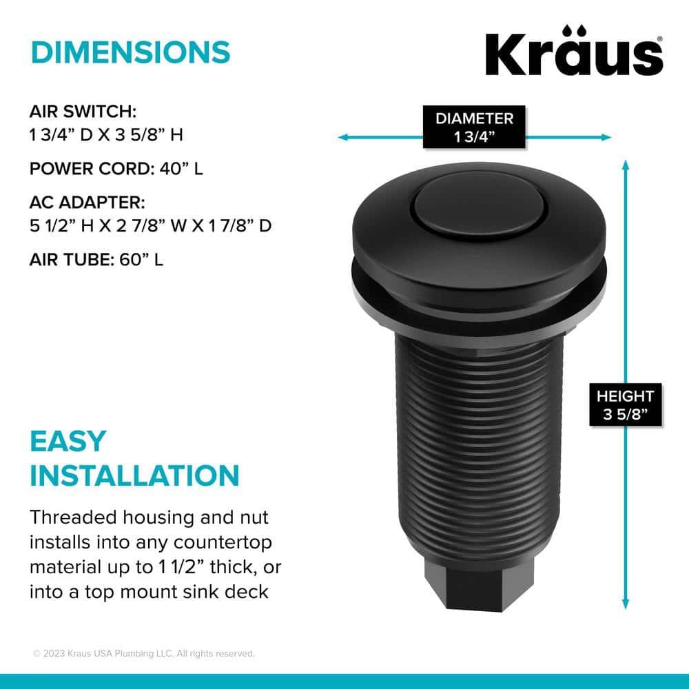 KRAUS Garbage Disposal Air Switch Kit with Push Button, AC Adapter, Power Cord, and Air Tube Included