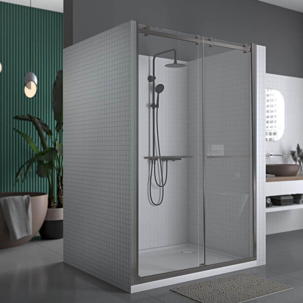 56" - 60" W 74” H Double Sliding Frameless Shower Door with Fixed Glass Panel