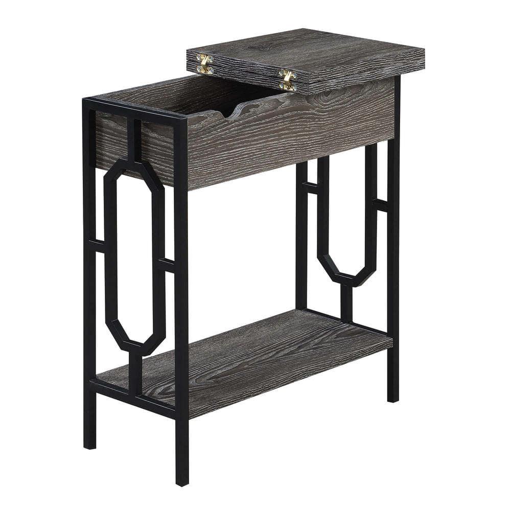 24 in. Omega Flip Top End Table with Charging Station, Weathered Gray Wood & Black