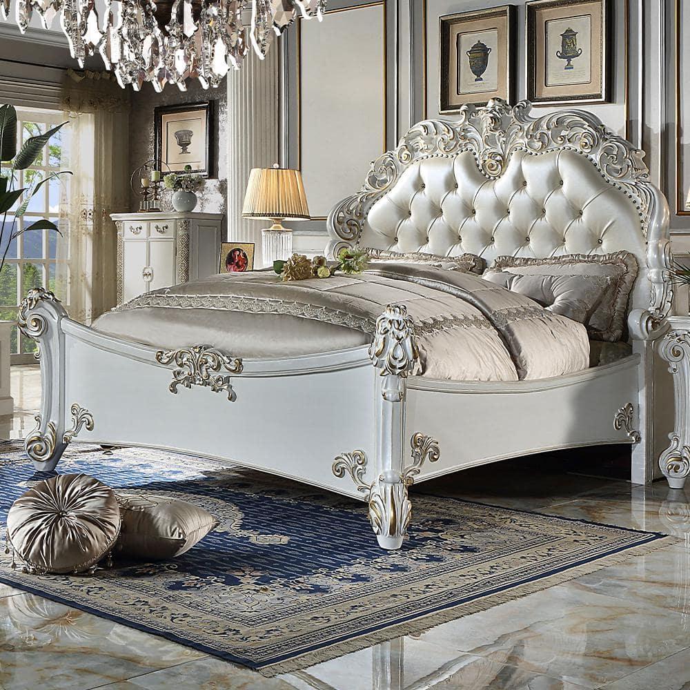 94" Queen Bed Vendome Synthetic Leather, Carved Wood Detail - Acme Furniture