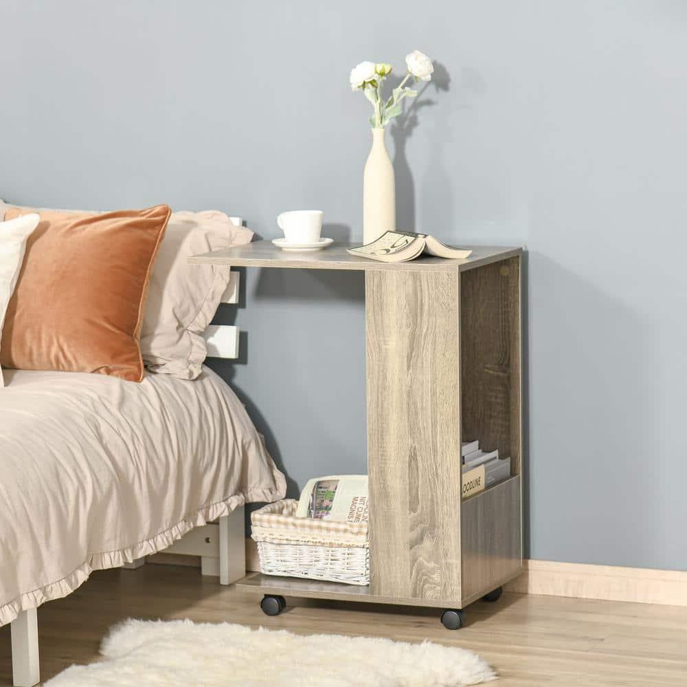 HOMCOM C-Shaped Sofa Side Table Mobile End Table with Storage and Wheels for Living Room, Bedroom, Office