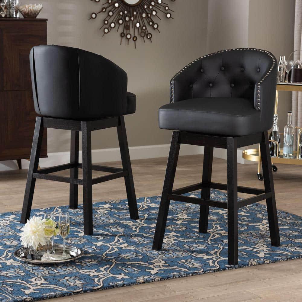 Baxton Studio Avril Modern and Contemporary Black Faux Leather Tufted Swivel Barstool with Nail heads Trim (Set of 2)