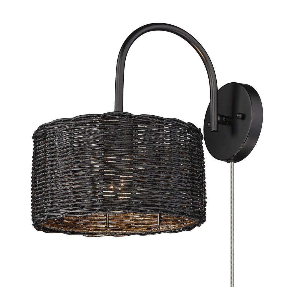 Golden Lighting Erma 1-Light Wall Sconce in Matte Black with Black Wicker