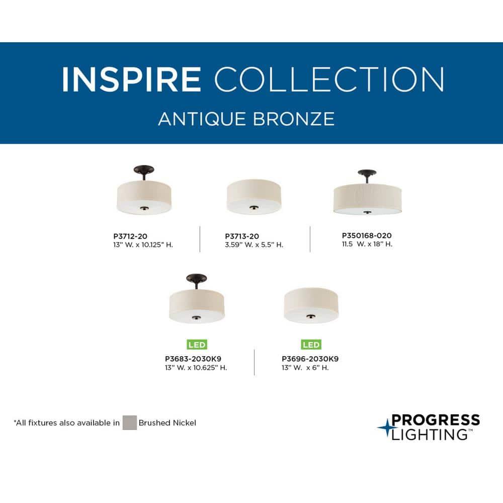 Progress Lighting, Inspire Collection, 3-Light Semi-Flush Mount, Antique Bronze, Off-White Linen Shade