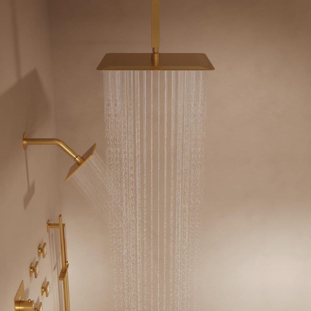 GRANDJOY 16 inch Complete Dual Shower Head System, Celling Mounted Shower Faucet Set with Hand Shower Head, Rough in-Valve, 6 Massage Body Jets - Brushed Gold