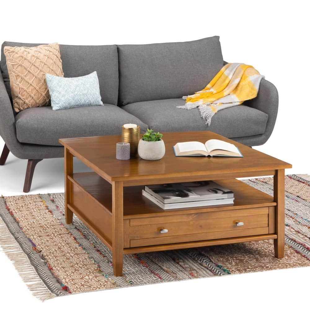 Simpli Home Warm Shaker 36"W Solid Wood Square Coffee Table with Two Drawers and Open Shelf