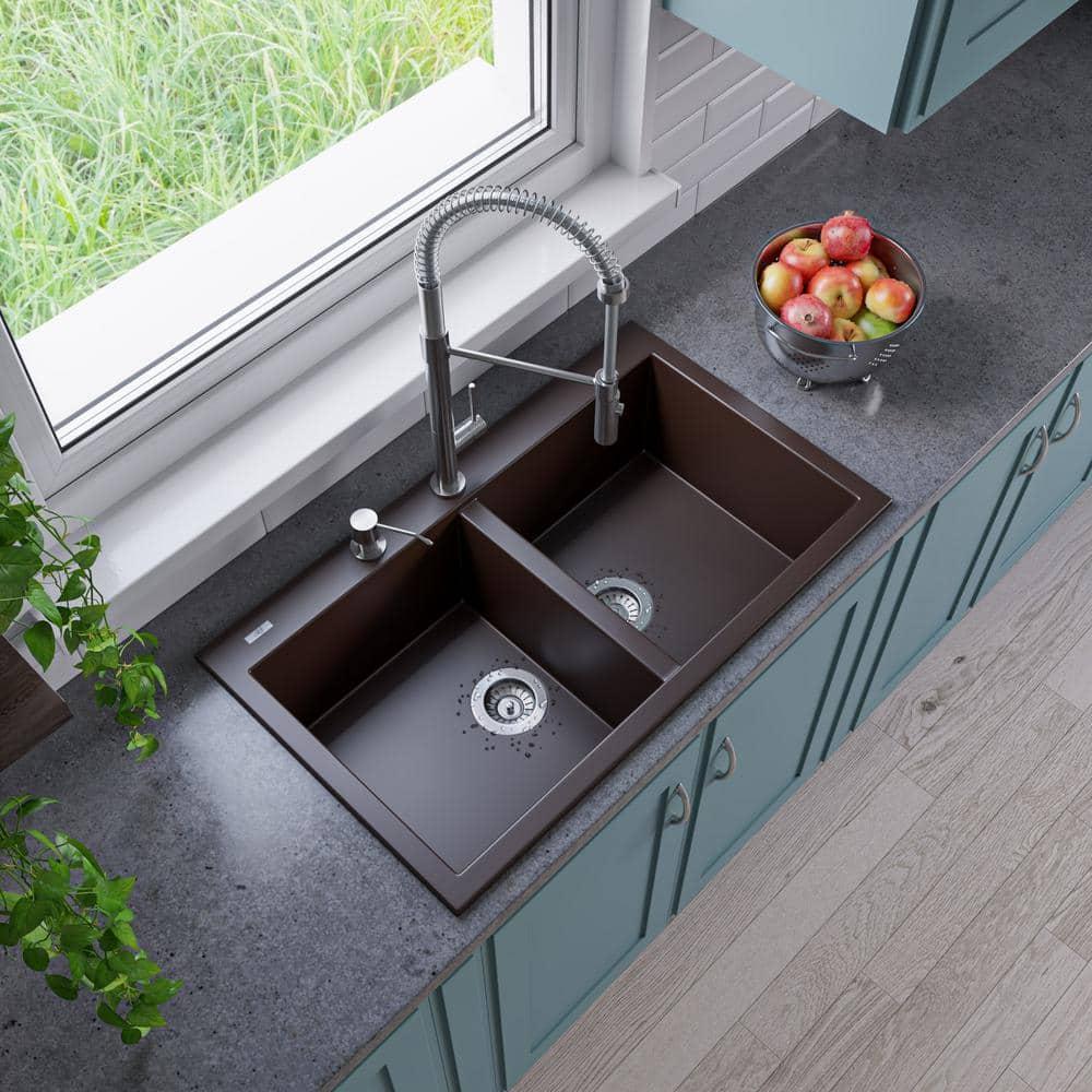 33.88'' L Drop-In Double Bowl Granite Kitchen Sink
