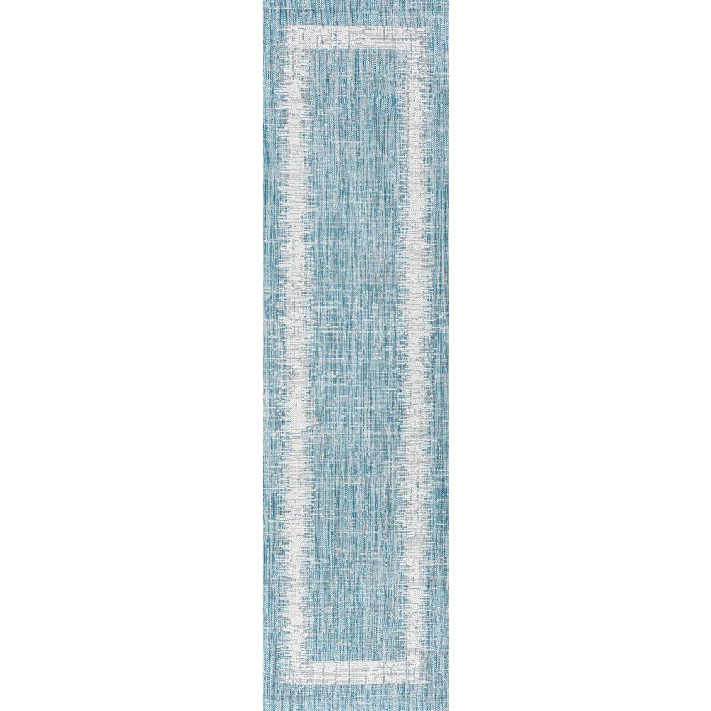 2'x10' Scandi Minimalist Border Indoor/Outdoor Runner Rug, Aqua - JONATHAN Y