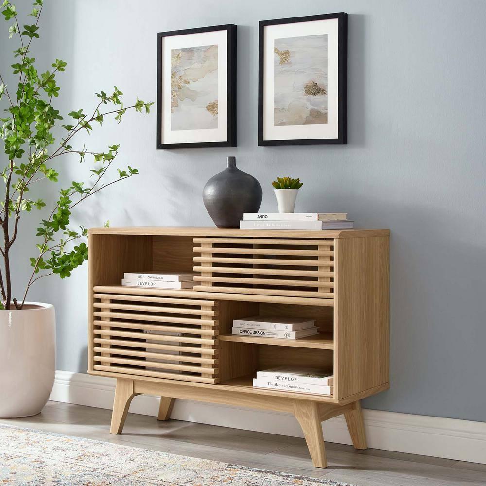 Modway Render Display TV Stand for TVs up to 48" Oak: Modern Media Console with Fixed Shelves, MDF Construction