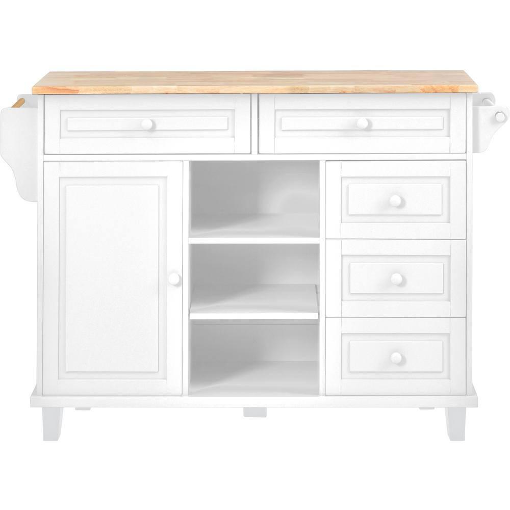 Kitchen Island Cart with 5 Drawers, 1 Cabinet and 2 Adjustable Shelves, 52.8" Kitchen Trolley Cart with Spacious Tabletop and Locking Wheels, Buffet Server Sideboard with Spice Rack & Towel Rack White
