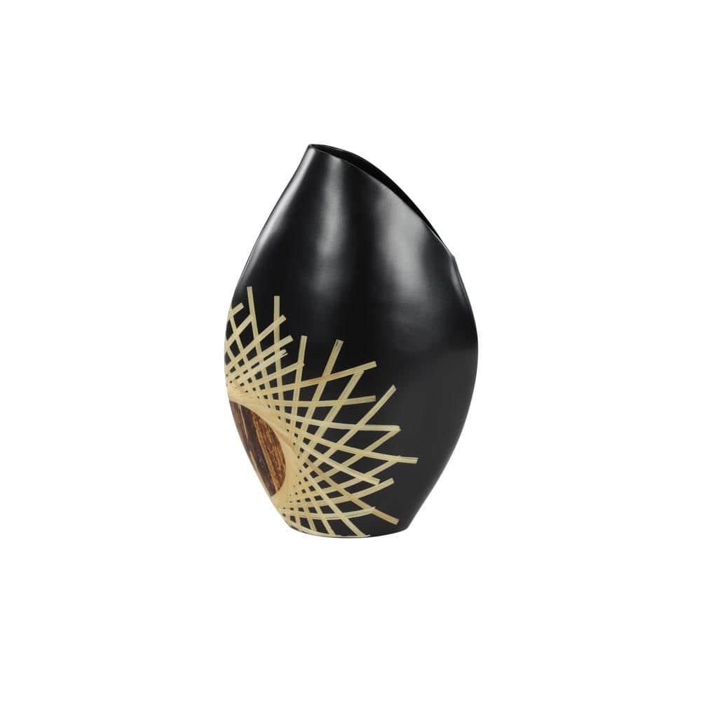 Decmode - Large Black Glazed & Bamboo Inlay Banana Wood Vase w/ Exposed Bark Detail, 11.5” x 18”
