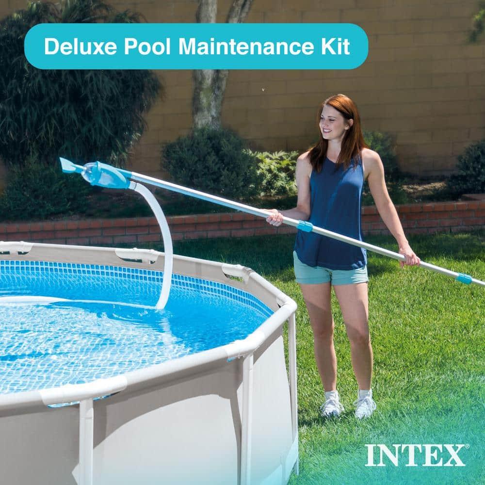 Intex Deluxe Automatic Surface Skimmer Bundled with Maintenance Kit w/ Vacuum & Pole, Swimming Pool Cleaning Tools for Above Ground and InGround Pools