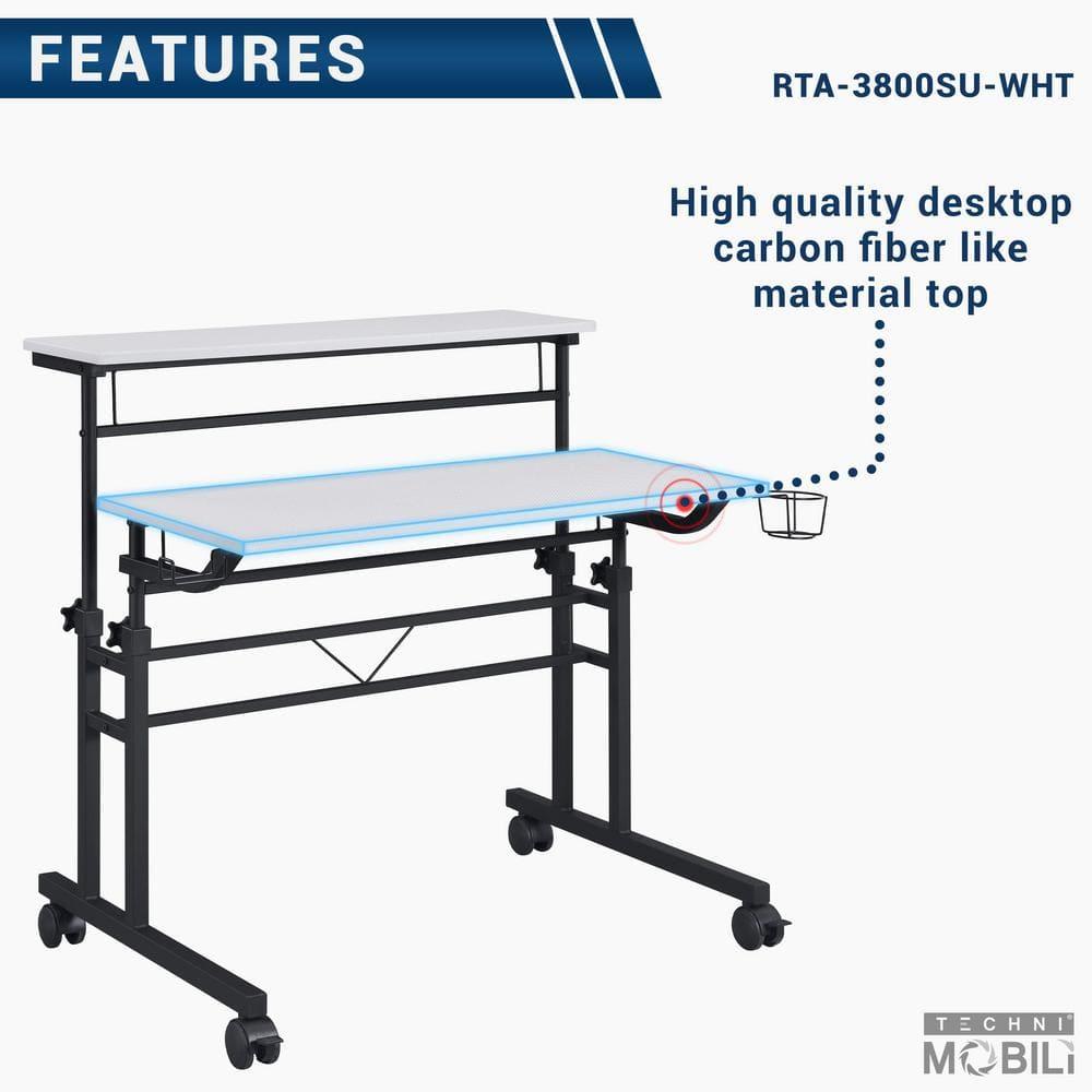 Rolling Writing Desk with Height Adjustable Desktop and Moveable Shelf White - Techni Mobili: Locking Casters, Open Storage