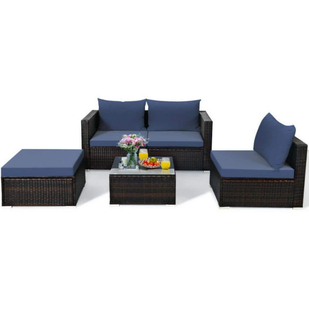 Kepooman Patio Furniture Sofa Set, Outdoor Conversation Sets, 5 Pieces Patio Rattan Sectional Furniture Set with Cushions and Coffee Table -Navy