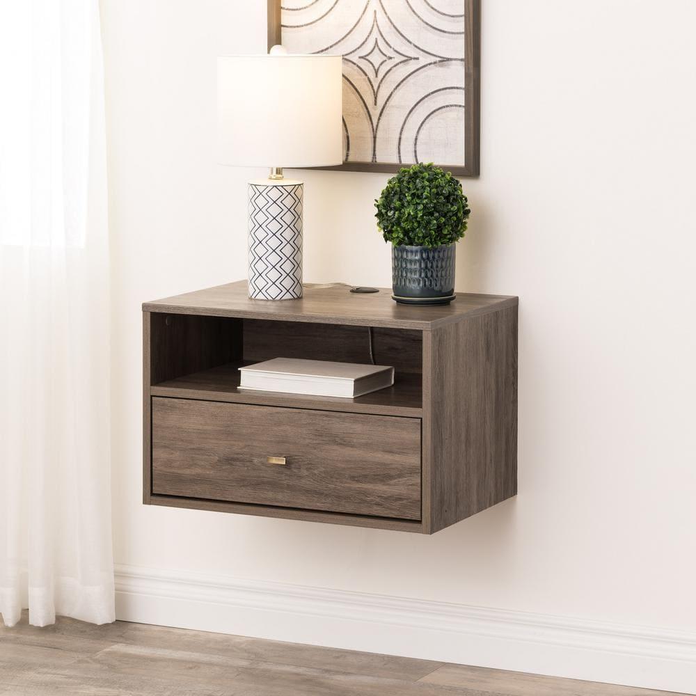 Floating 1 Drawer Nightstand with Open Shelf Drifted Gray - Prepac: Laminated, Cable Management, Metal Glides