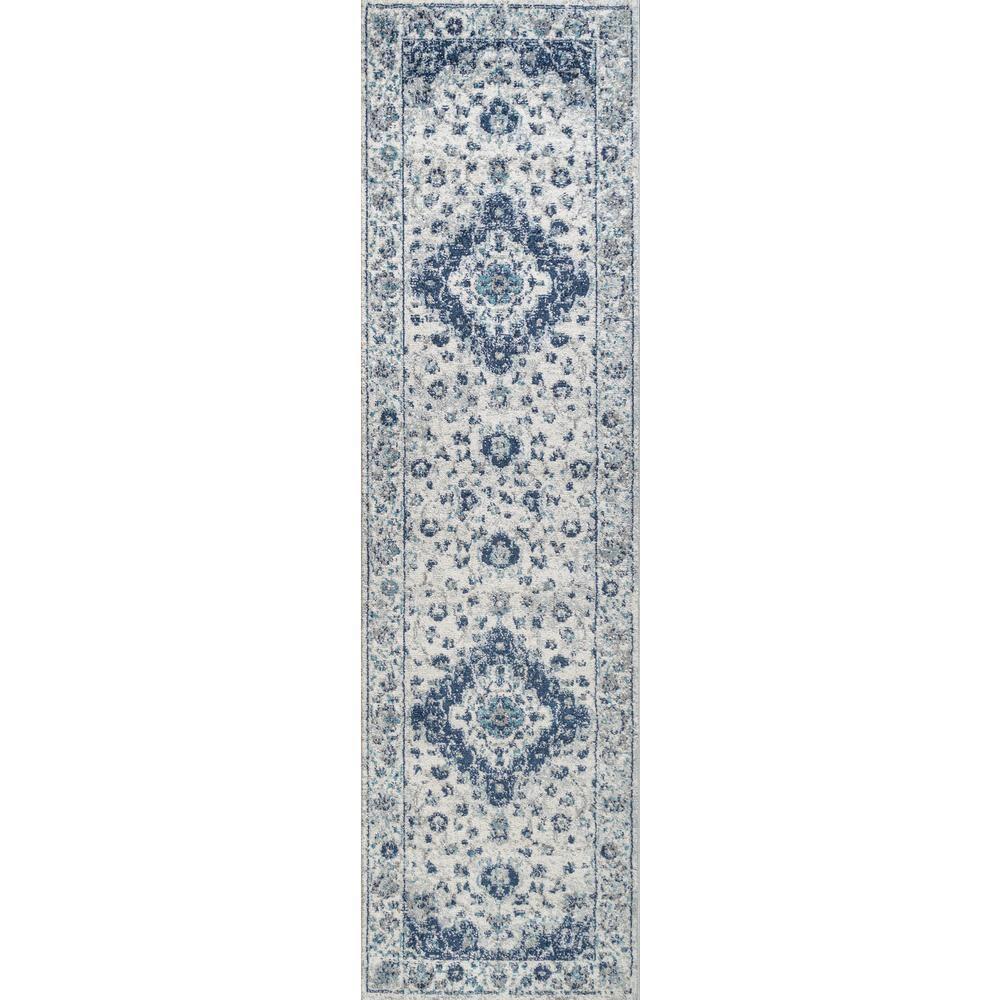 2'x8' Indhira Ornate Medallion Persian Runner Rug, Blue/Gray - JONATHAN Y