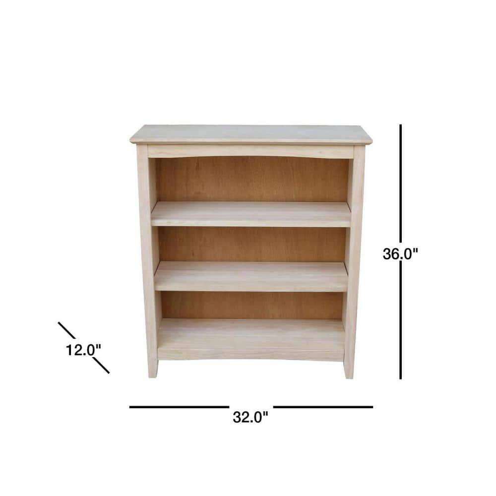 International Concepts 36" Shaker Bookshelf Unfinished: Mid-Century Modern Style, 3-Tier Storage, Hardwood Construction