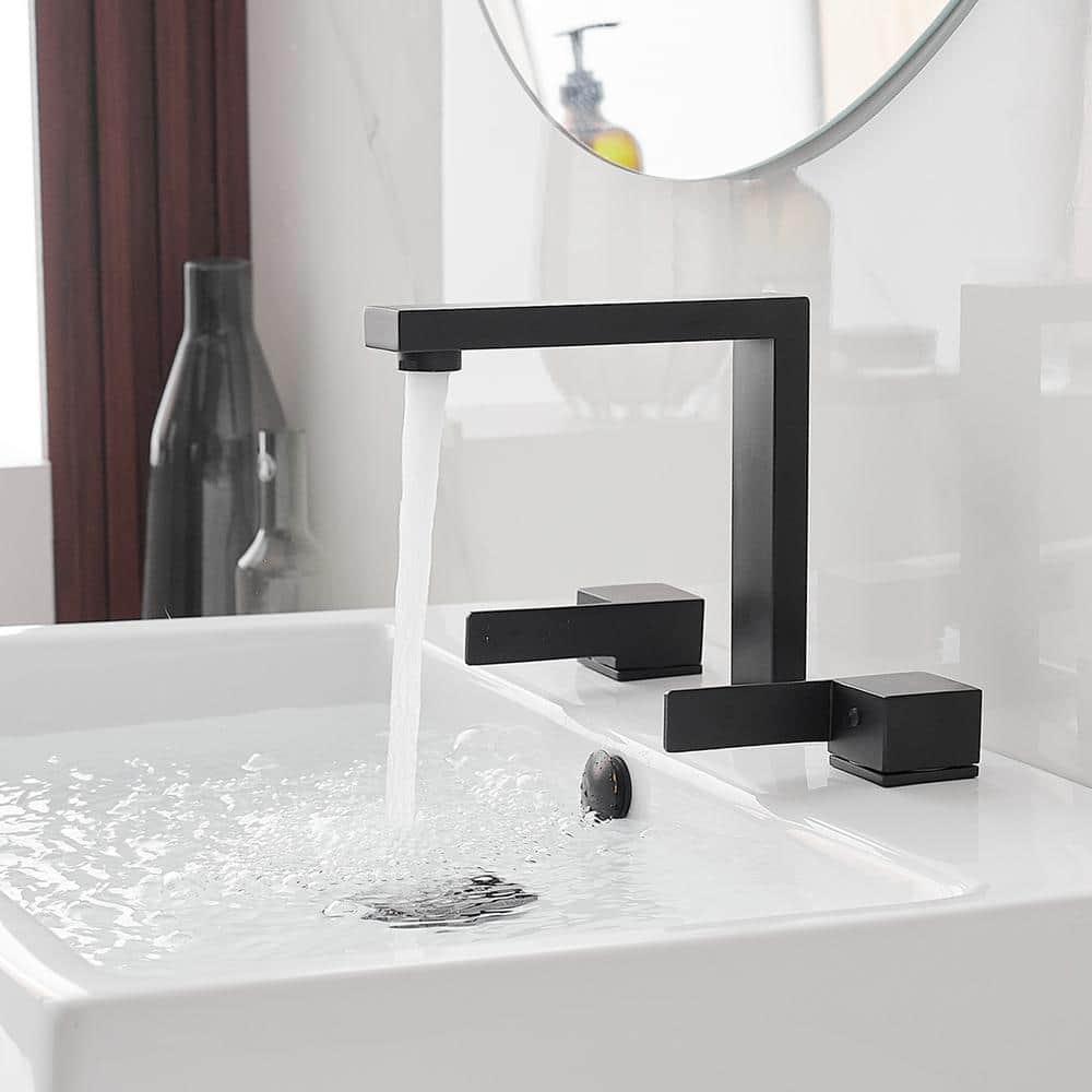 BWE 8 in. Widespread Double Handle Bathroom Faucet Water-Saving With Drain Kit In Matte Black