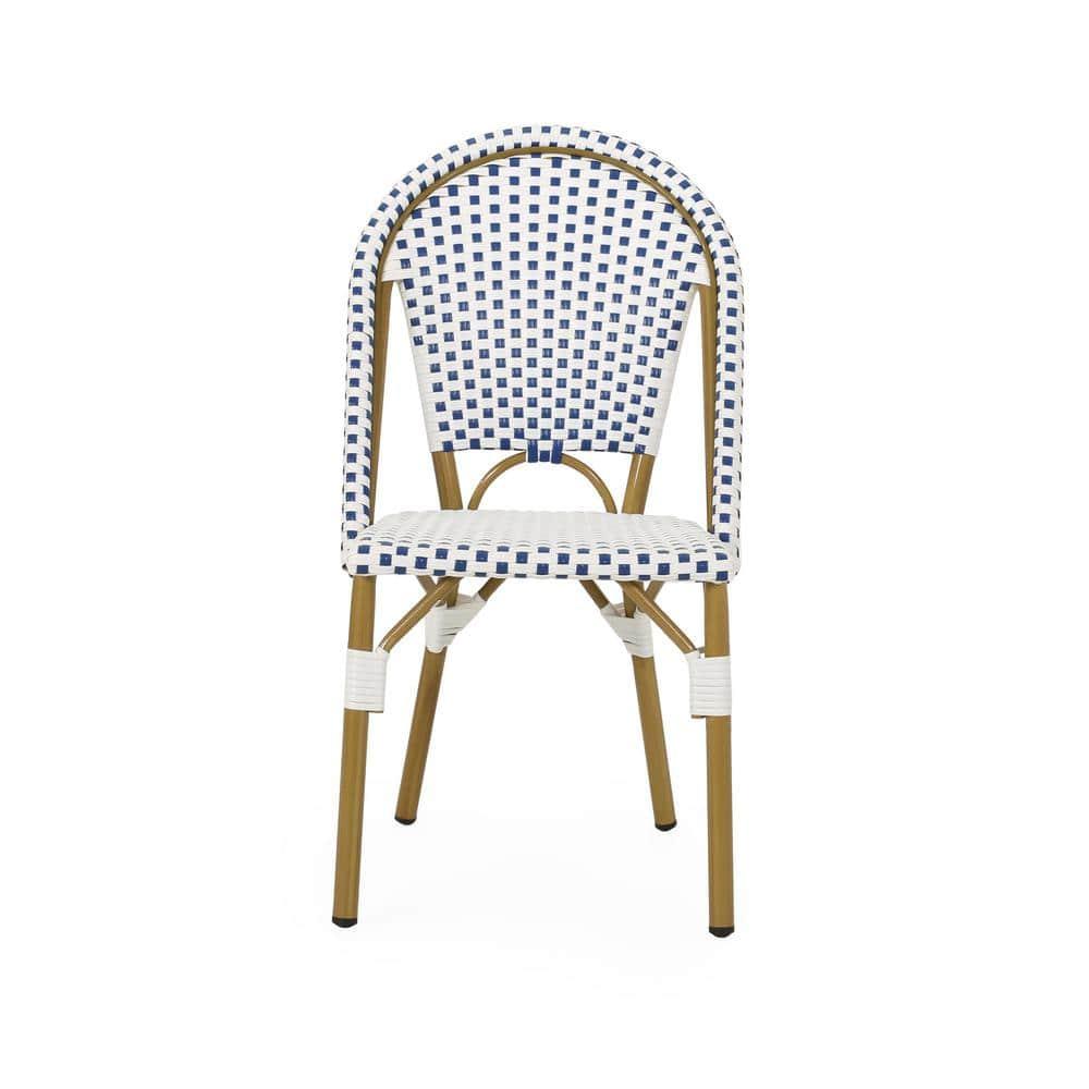 Noble House Elize Aluminum & Faux Rattan Bistro Chairs in Blue/White (Set of 2)