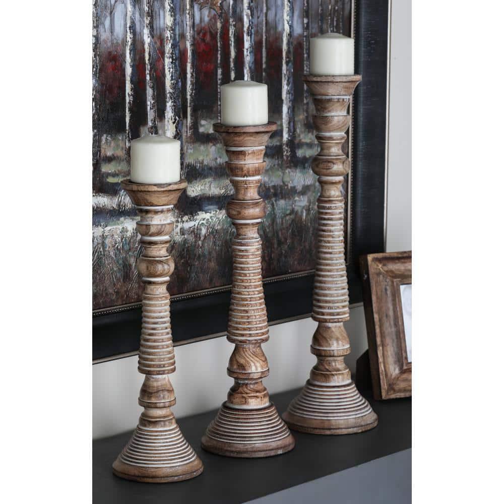 Mango Wood Handmade Decorative Light Gray Candle Holder Set (Set of 3)