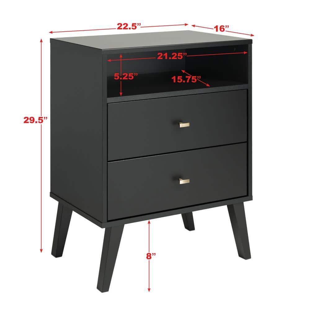 Mid Century Modern 2 Drawer Tall Nightstand with Shelf Black - Prepac: Brushed Brass Knobs, Wood Legs