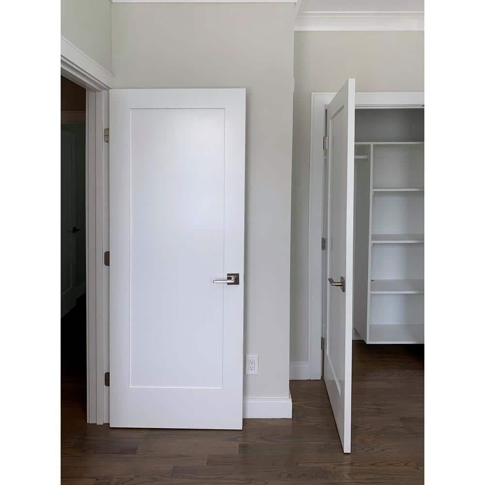 30 in. x 80 in. Left-Handed Solid Core White Primed Composite Single Pre-hung Interior Door Black Hinges