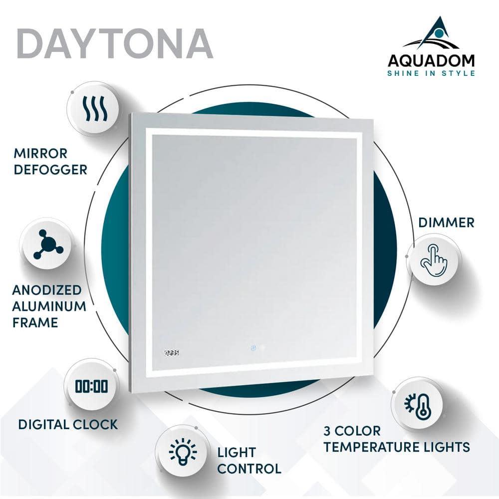 AQUADOM Daytona LED Wall-Mount Mirror for Bathroom with 3 Color Lighting, Touch Control, Dimmer and Defogger, Digital Clock.