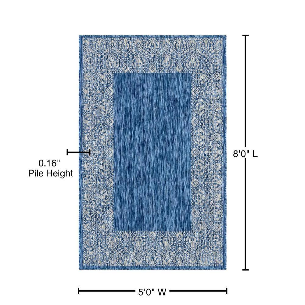 Unique Loom Outdoor Border Collection Area Rug - Floral Border (5' 1" x 8' Rectangle Blue/Ivory)