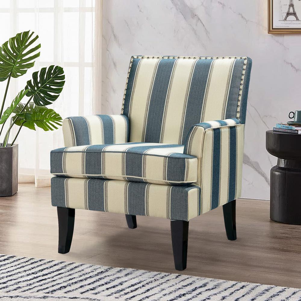 Upholstery Accent Chair Armchair Sofa Couch Lounge Seat Wood Black Legs Nailhead Trim Home Living Room Bedroom Stripe Blue