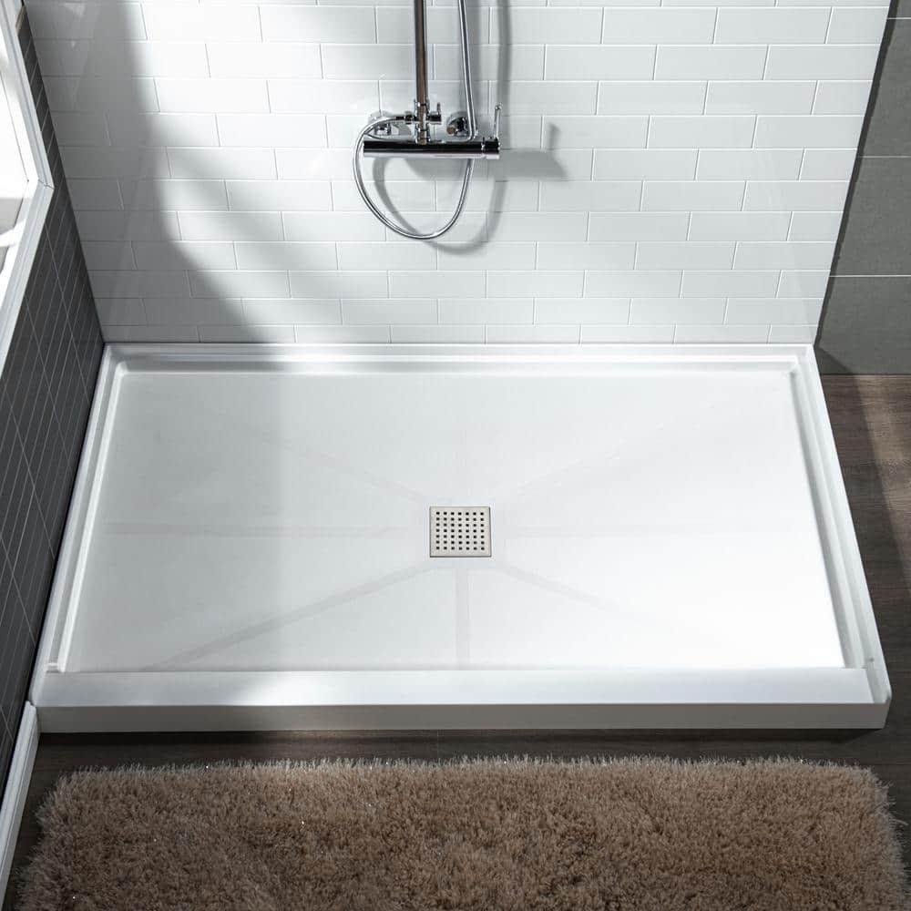 60" x 36" Solid Surface Single Threshold Shower Pan Base with Drain Assembly & Drain Cover Included, Non-Slip