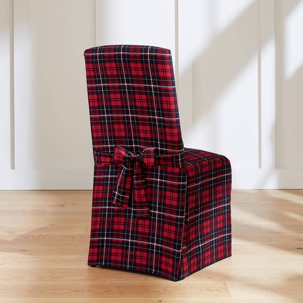Red Plaid Cotton Canvas Long Dining Chair Slipcovers, Set of 2