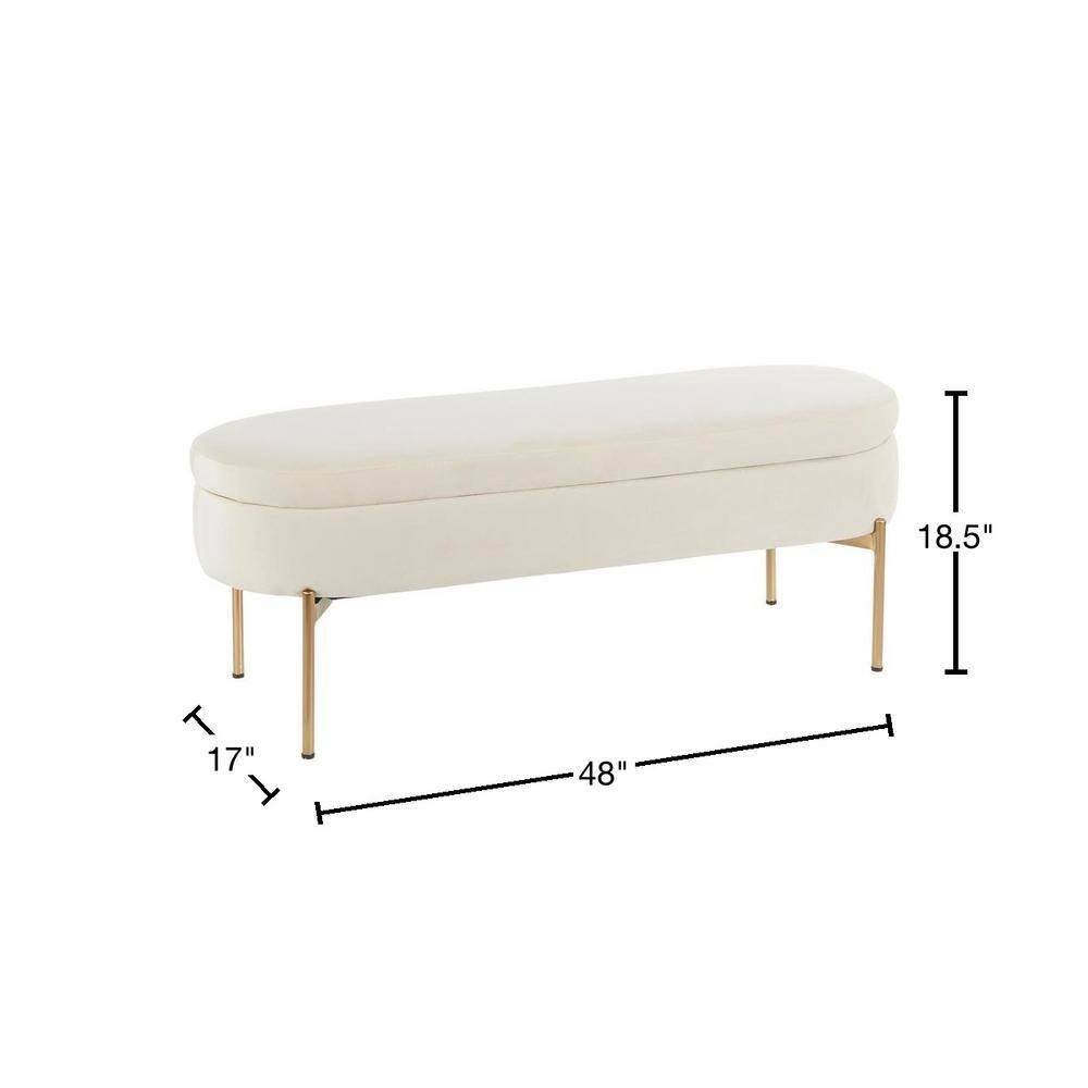 48" Chloe Contemporary Upholstered Storage Bench Gold/Cream - LumiSource: Velvet Seating, Metal Base