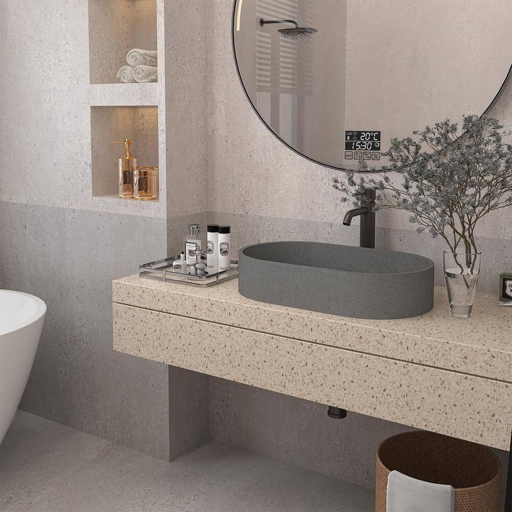 23.63 in. Oval Vessel Bathroom Sink with Pop-up Drain in Mottled Bluish Gray Cement