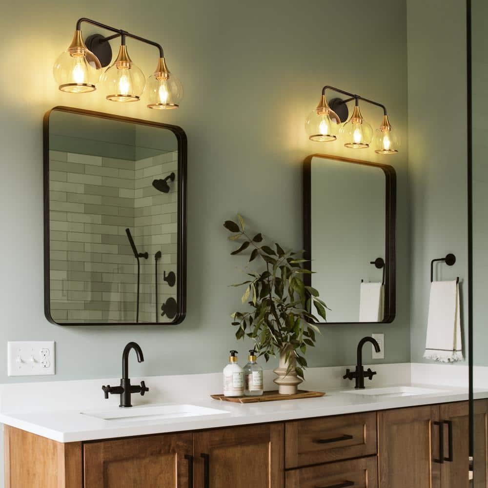 KAISITE 3-Light Black & Gold Dimmable Vanity Light with Clear Glass Shades