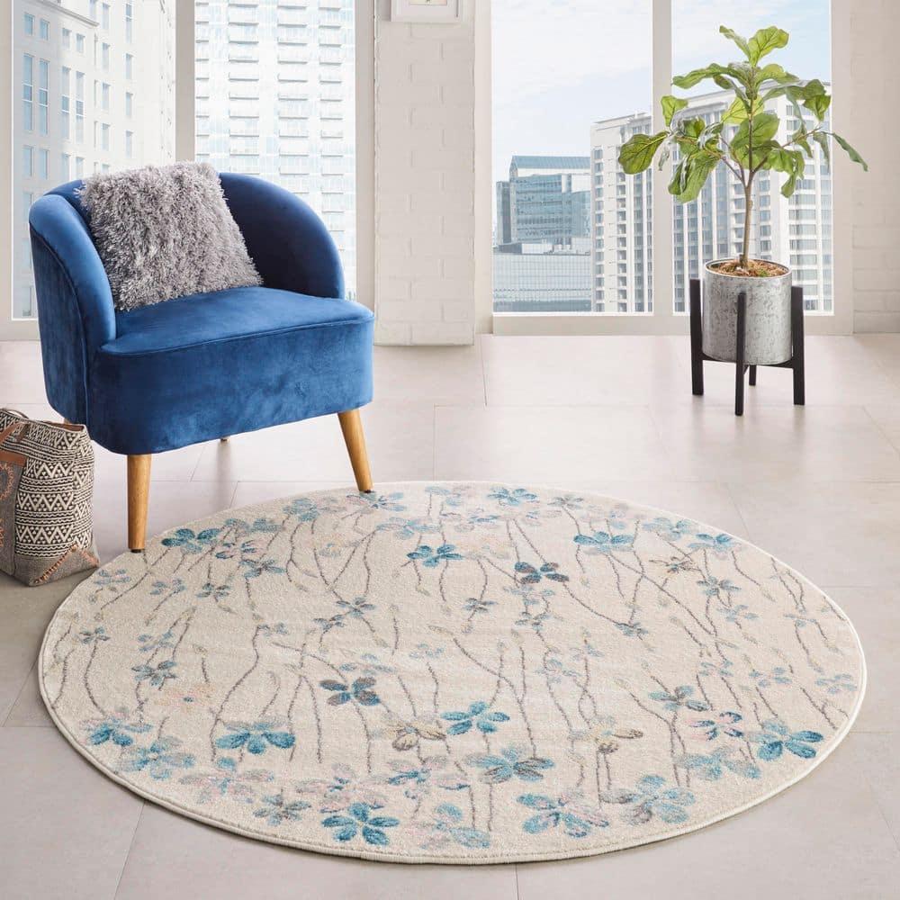 Nourison Tranquil Floral Ivory 5'3" x ROUND Area Rug, (5 Round)