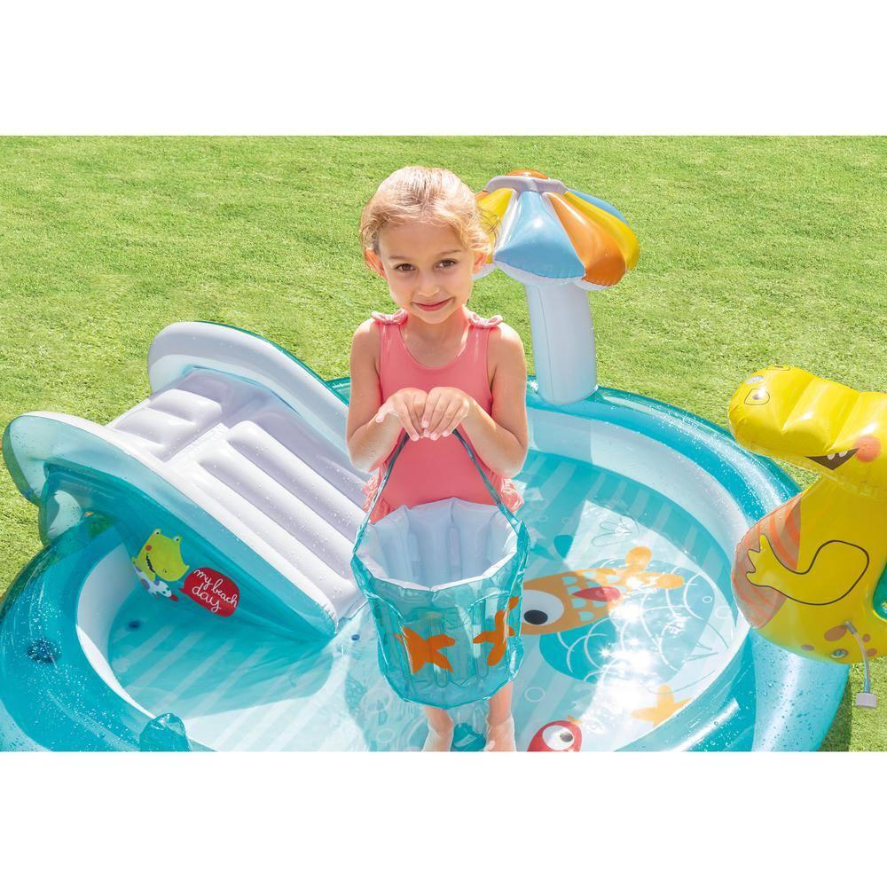 Intex 57165EP Gator 6.6ft x 5.6ft x 4in Outdoor Inflatable Kiddie Pool Water Play Center with Slide, for Toddlers Ages 2 and Up