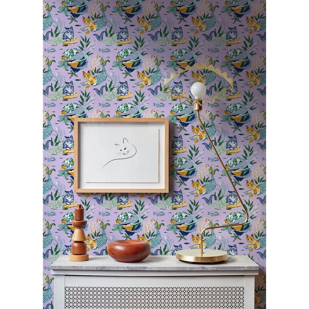 PrintFresh Meowing Mermaids Lavender Peel and Stick Wallpaper
