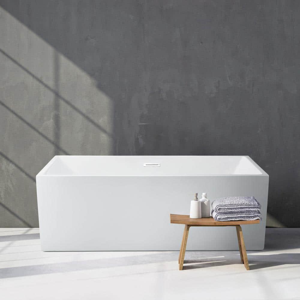 60" Streamline Freestanding Soaking Acrylic Bathtub With Drain and Bamboo Tray