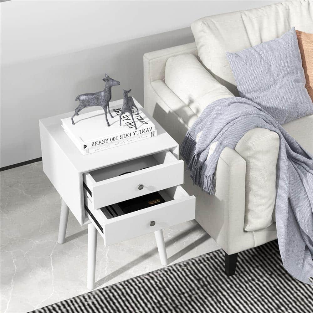 Costway End Table W/Drawers and Storage Wooden Mid-Century Accent Side Table Multipurpose for Bedroom Living Room Home Furniture Nightstand-White