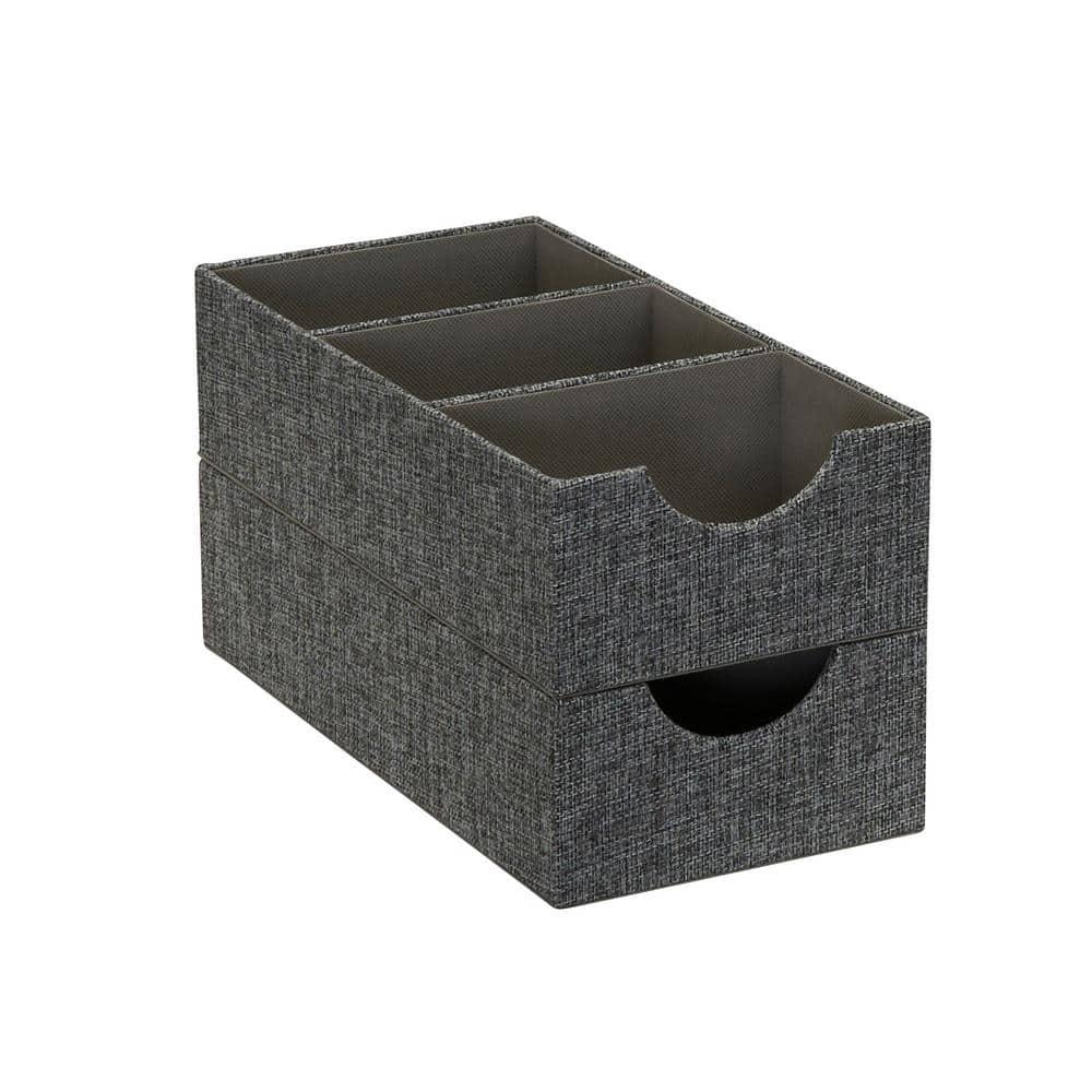Household Essentials Set of 2 3-Section Drawer Trays Graphite Linen: Stackable Decorative Storage Boxes, Gray, 12"x6"