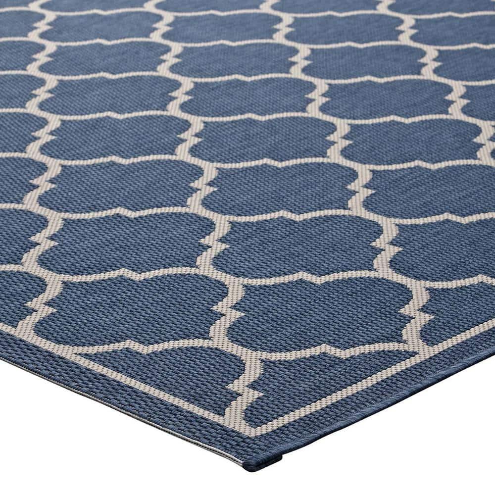Modway Avena Moroccan Quatrefoil Trellis 8x10 Indoor and Outdoor Area Rug - Blue and Beige,  100% Soft Polypropylene ,  Tight Low Pile Weave