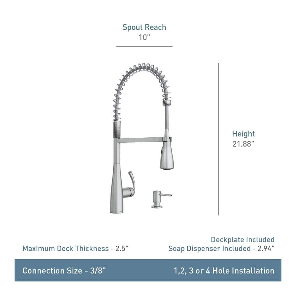 Moen Essie Pre-Rinse Spring Pull Down Single Handle Kitchen Faucet with Power Clean Technology and Soap Dispenser